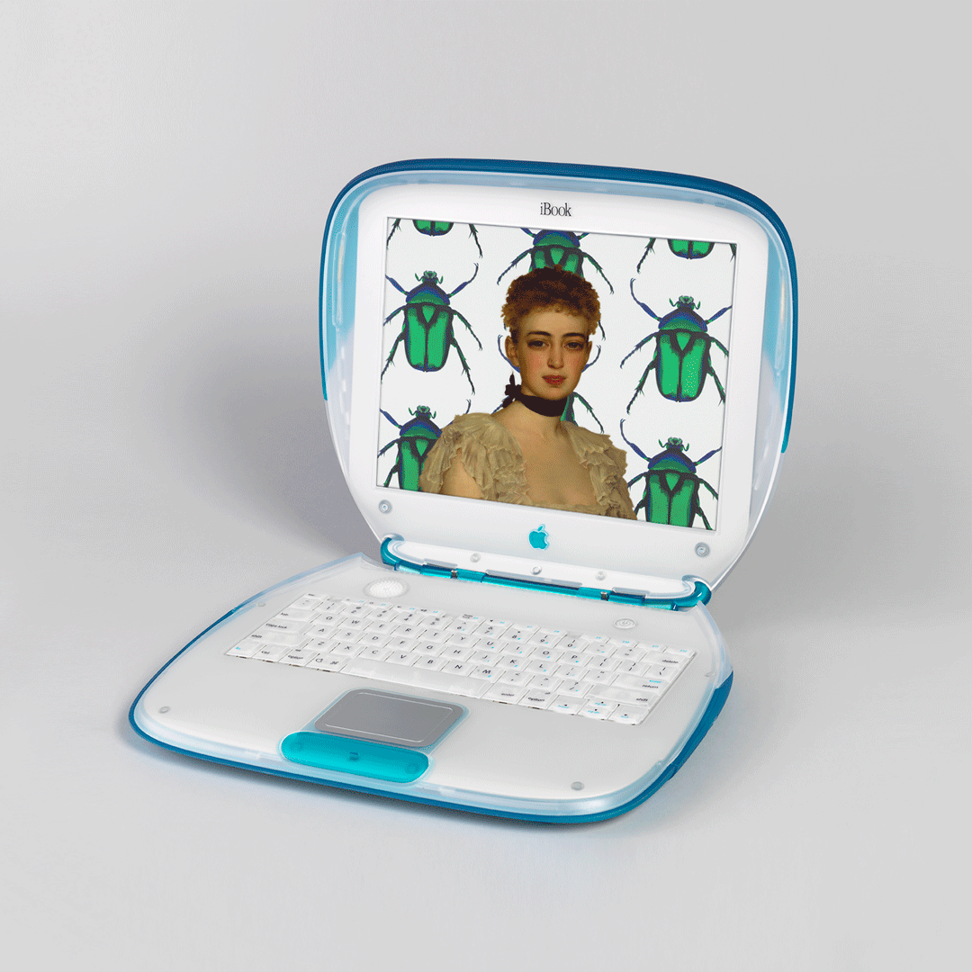 Portrait of Eleanor Garnier Hewitt, who co-founded Cooper Hewitt with her sister Sarah, painted in 1888 by Antonia de Bañuelos and an iBook Laptop Computer designed in 1999 by the Apple Industrial Design Team. 
