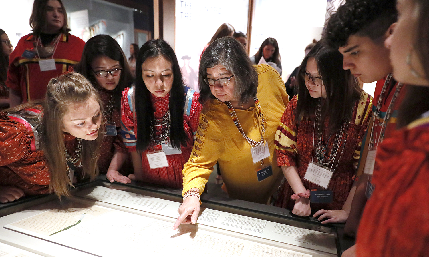 Members of the Cherokee Youth National Choir taking part in the installation of the Treaty of New Echota at the National Museum of the American Indian in Washington, D.C. (Paul Morigi/AP Images for the Smithsonian)