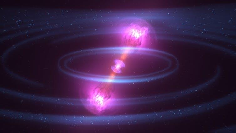 Художественное изображение двух сливающихся нейтронных звезд — еще одна ситуация, когда происходит деление.