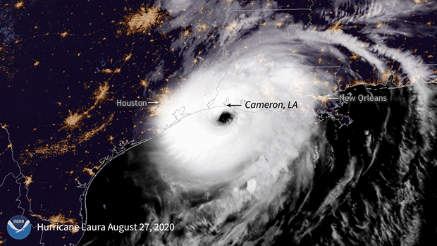 Category-4 Hurricane Laura hit Cameron, Louisiana on August 27, 2020 with winds up to 150 mph and storm surge in excess of 15 feet. The storm caused costly destruction along the coast and inland to the city of Lake Charles and was one of seven storms that caused more than $1 billion in damages.