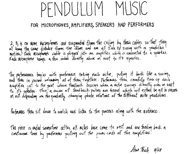 The score for Steve Reich’s “Pendulum Music”