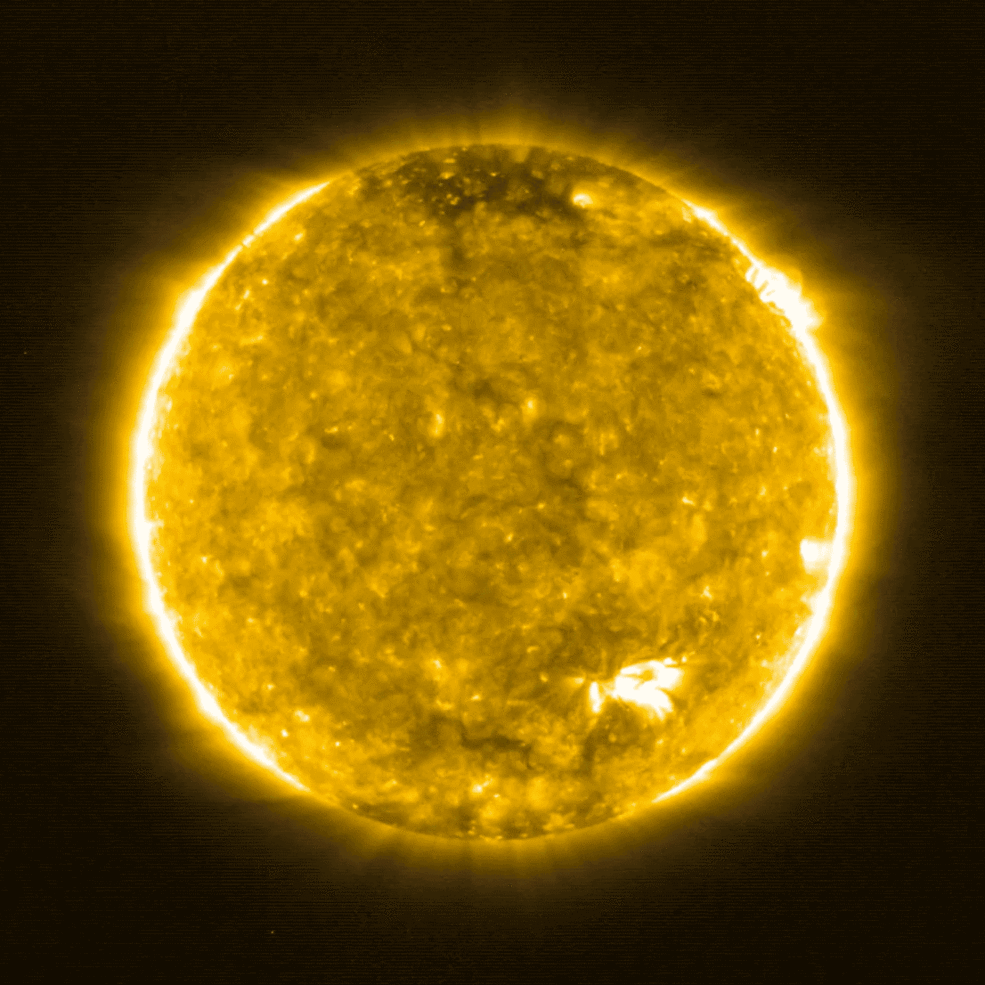 An animated series of images from NASA showing up-close shots of the sun's surface, in swirls of gray and yellow