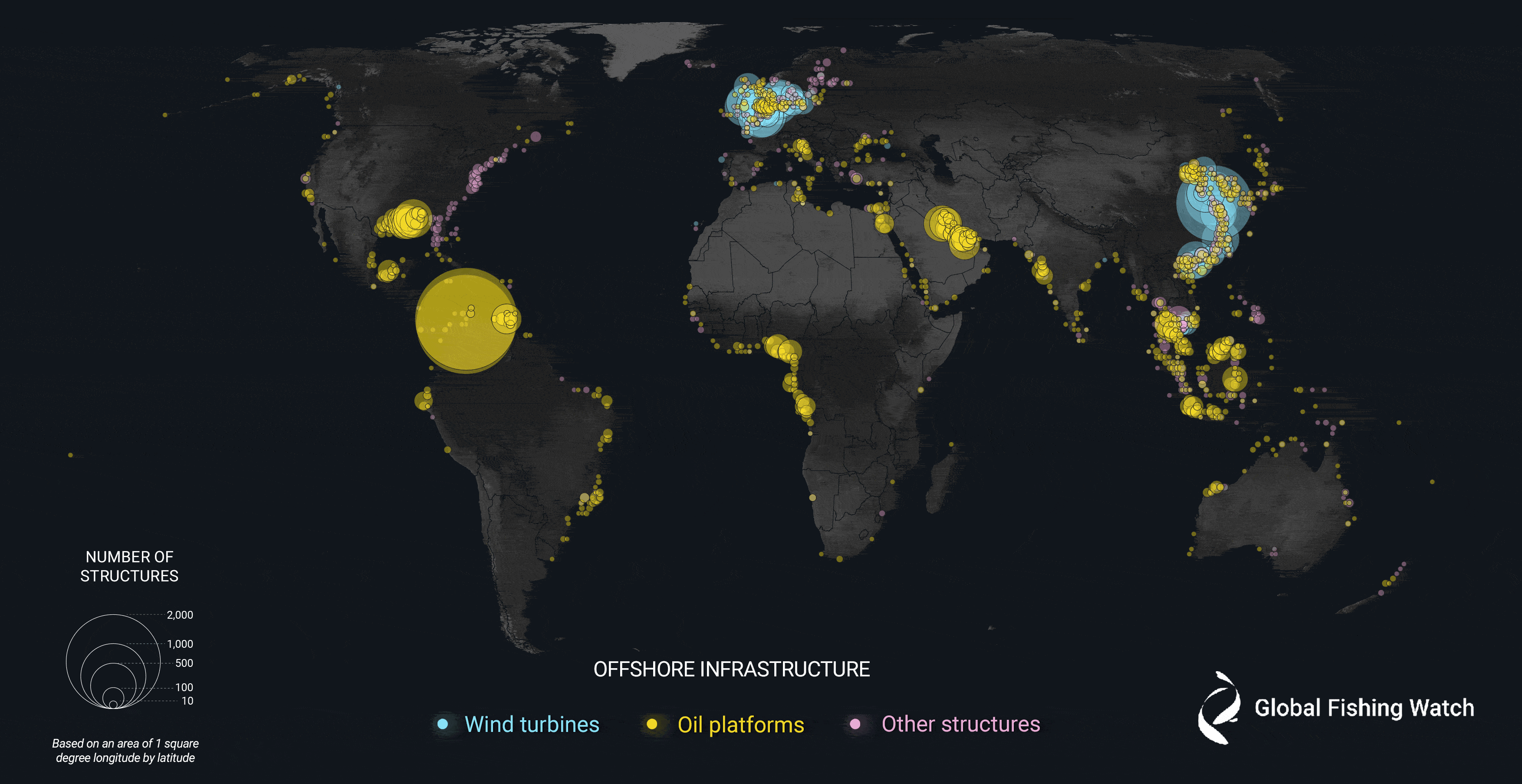 oil platforms light up in yellow, concentrated in the Caribbean, and wind turbines light up in blue, concentrated in East Asia and Northern Europe