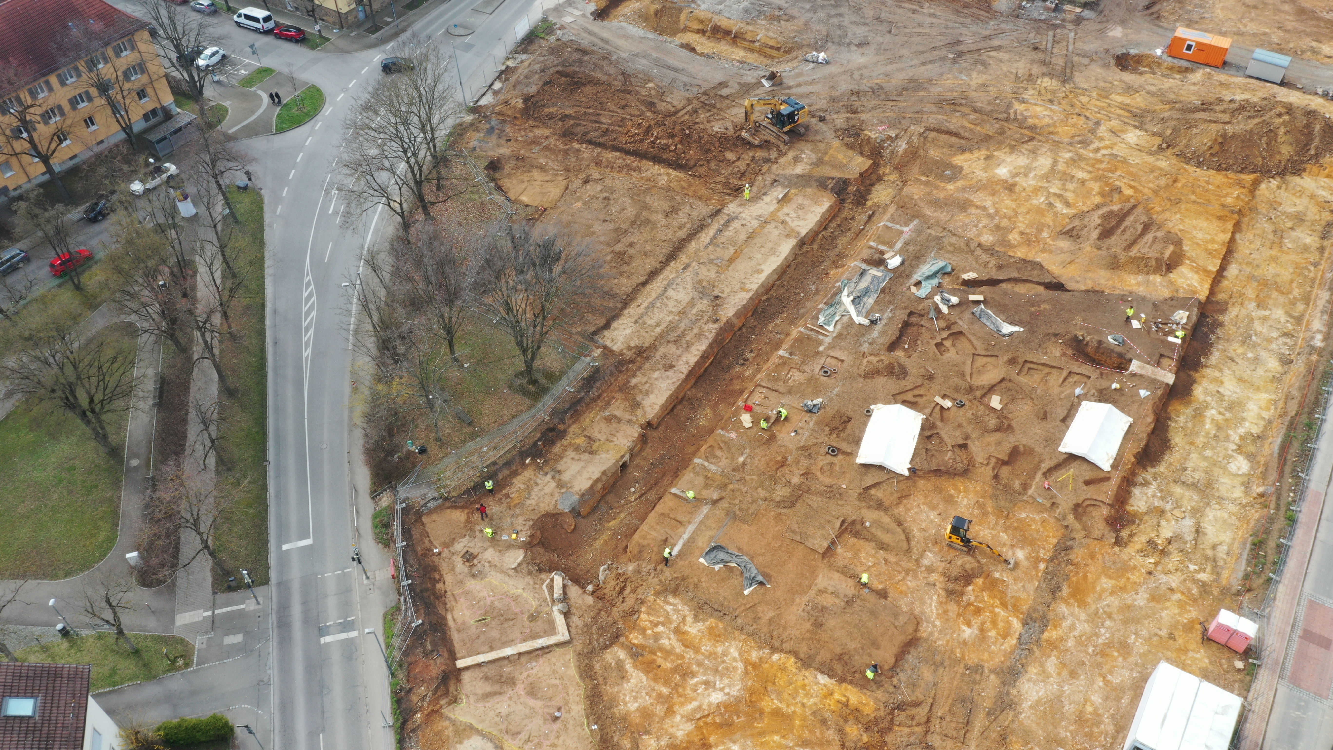 Overhead view of archaeological site in city
