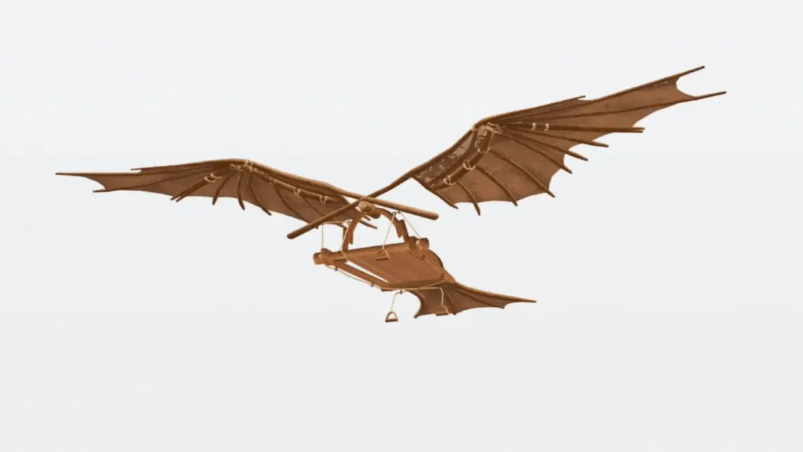 An animated rendering of one of Leonardo's designs for a flying machine