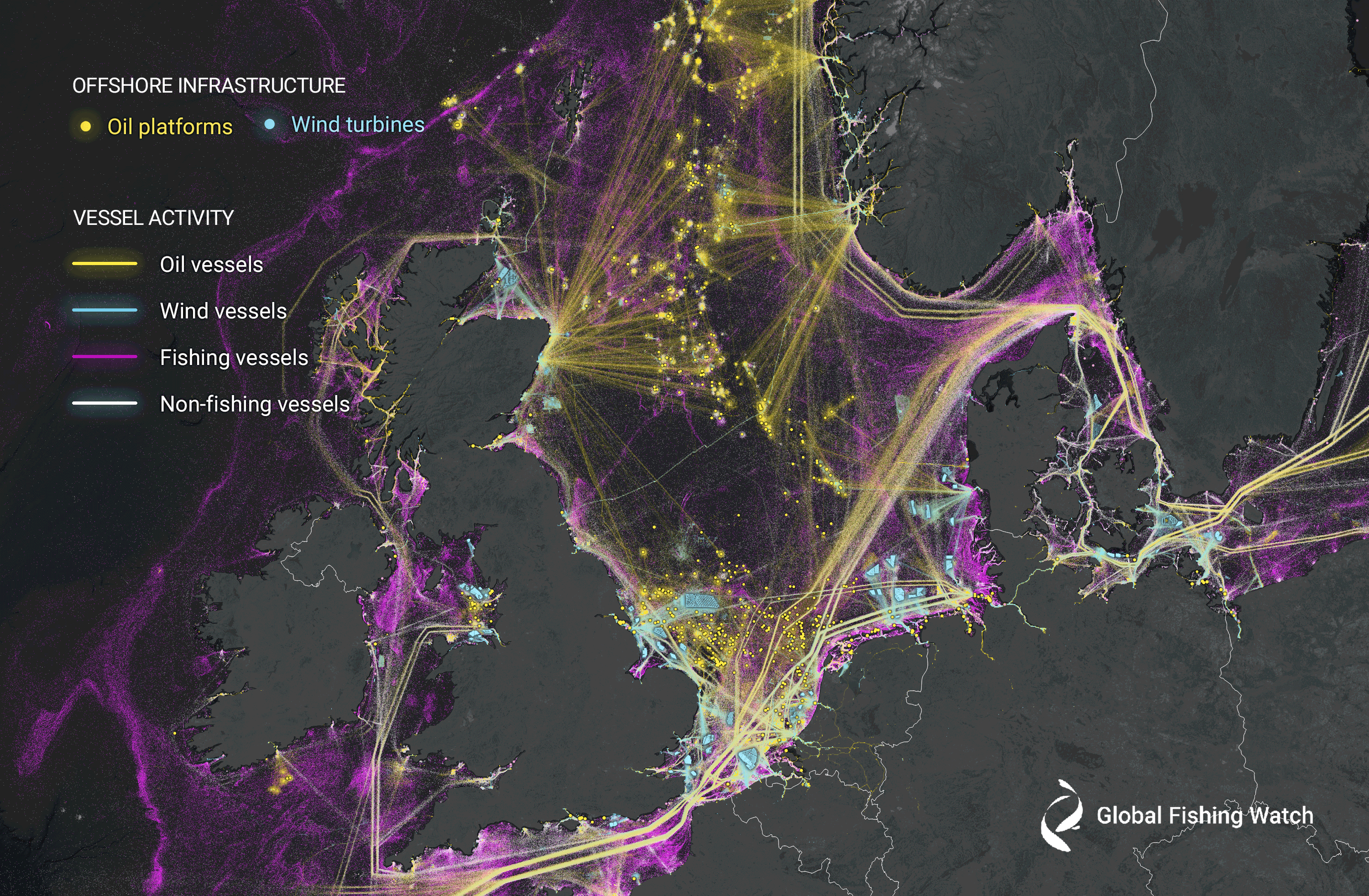 a map showing lines of vessel movement in the North Sea, as well as the locations of oil platforms and wind turbines