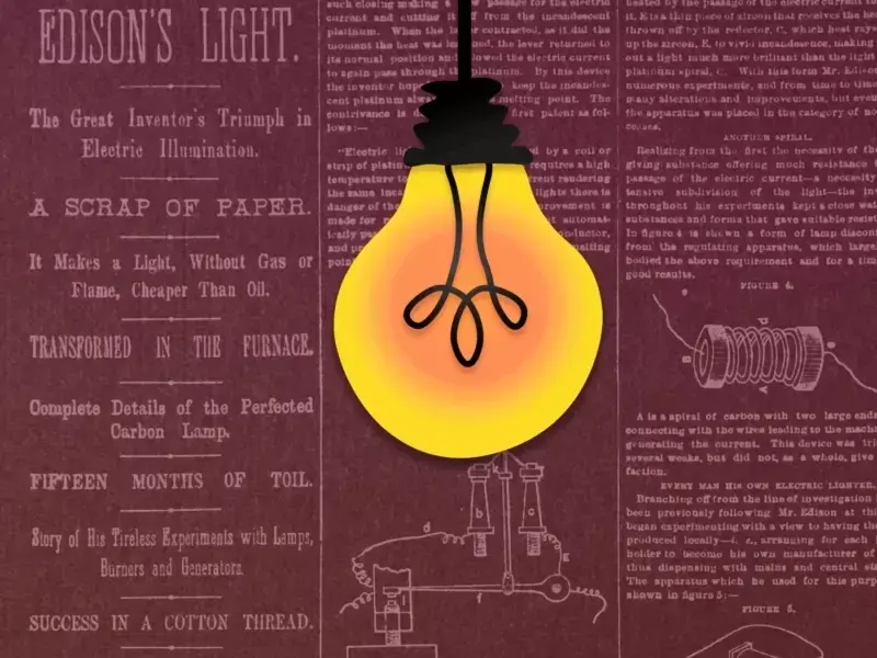 An illustration of a lightbulb flickering in front of a newspaper article about Edison's lightbulb