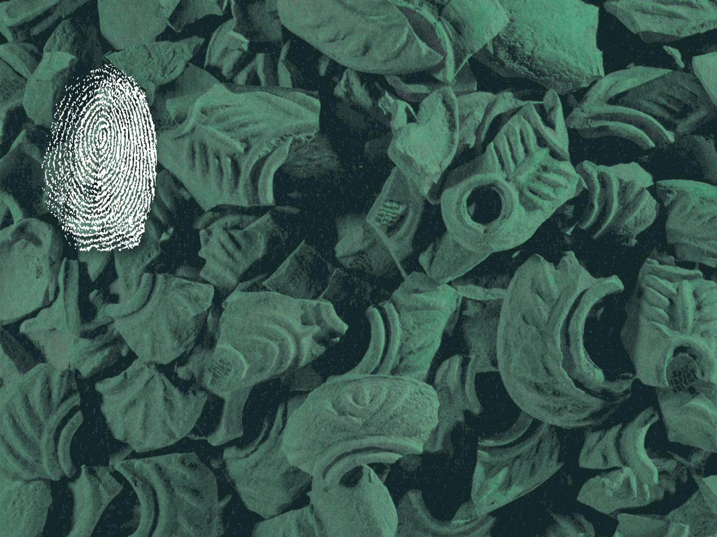 A GIF illustration of fingerprints appearing on top of a green-hued photo of pottery shards