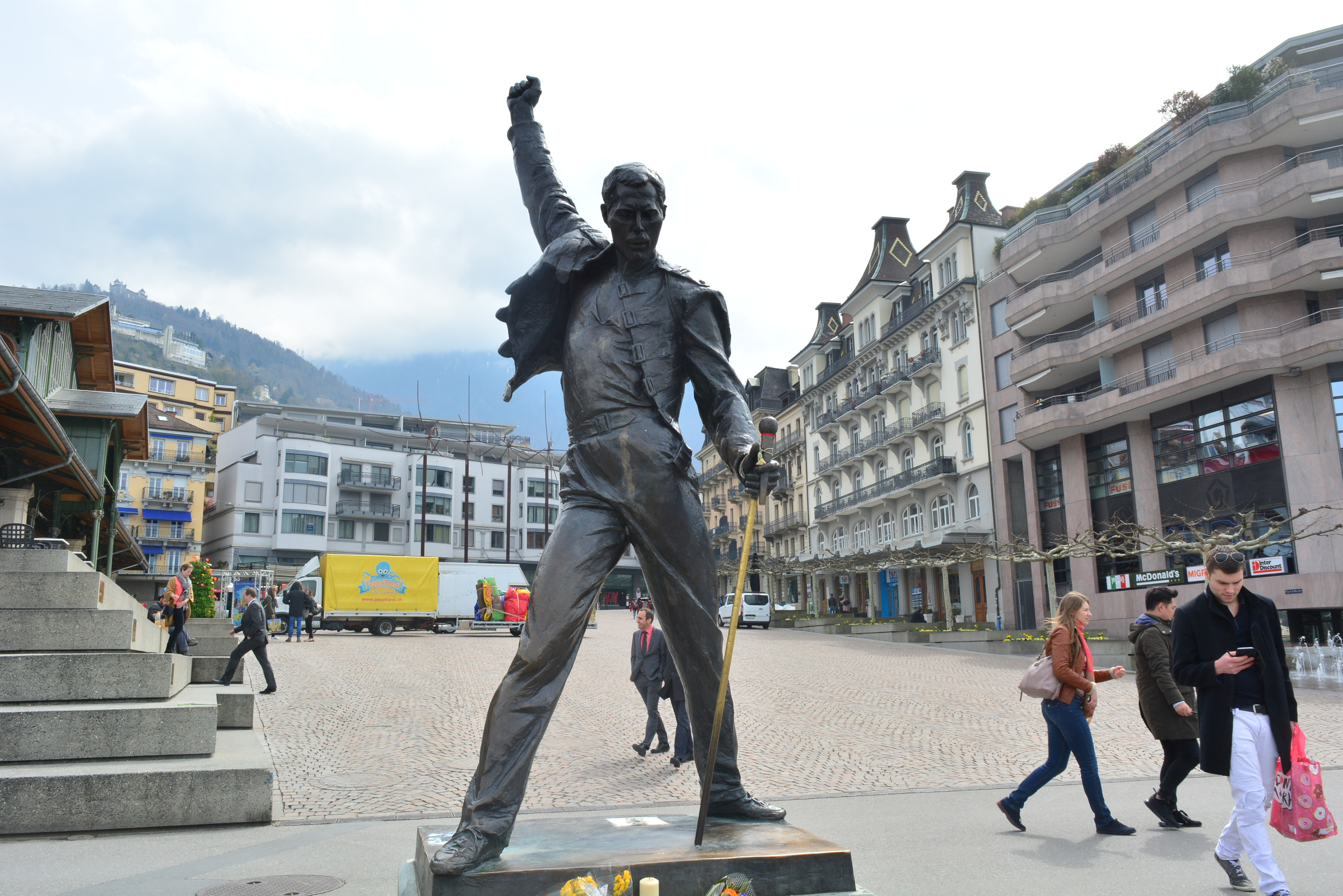 A statue of Freddie Mercury in Montreux, Switzerland