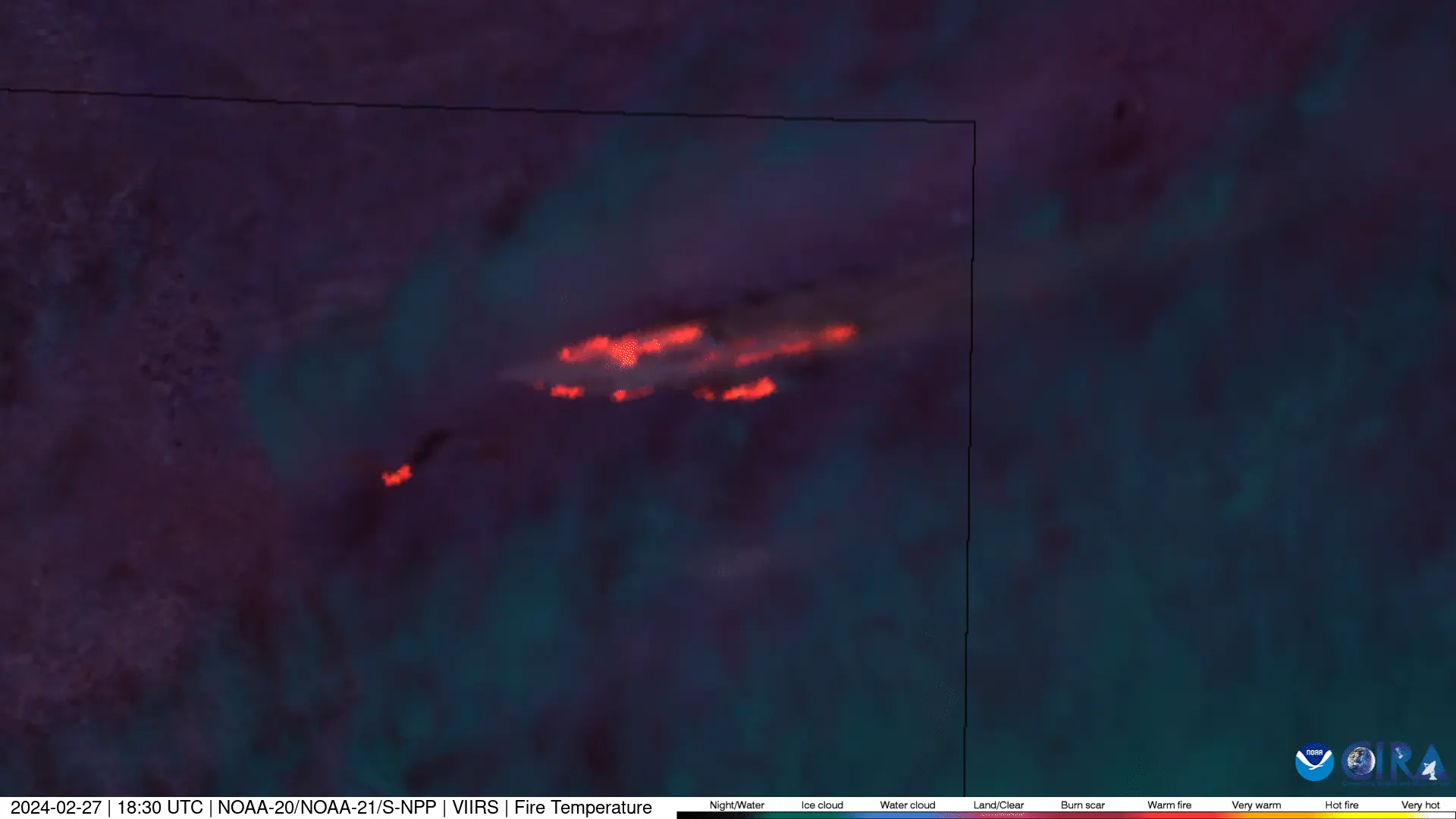 A gif of satellite images of the Smokehouse Creek Fire, orange, burning near the Texas-Oklahoma border