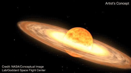 In an artist&#39;s rendering, a red giant star and white dwarf star circle each other. Material ejected from the red giant gathers and heats in the white dwarf, catalyzing a bright explosion.