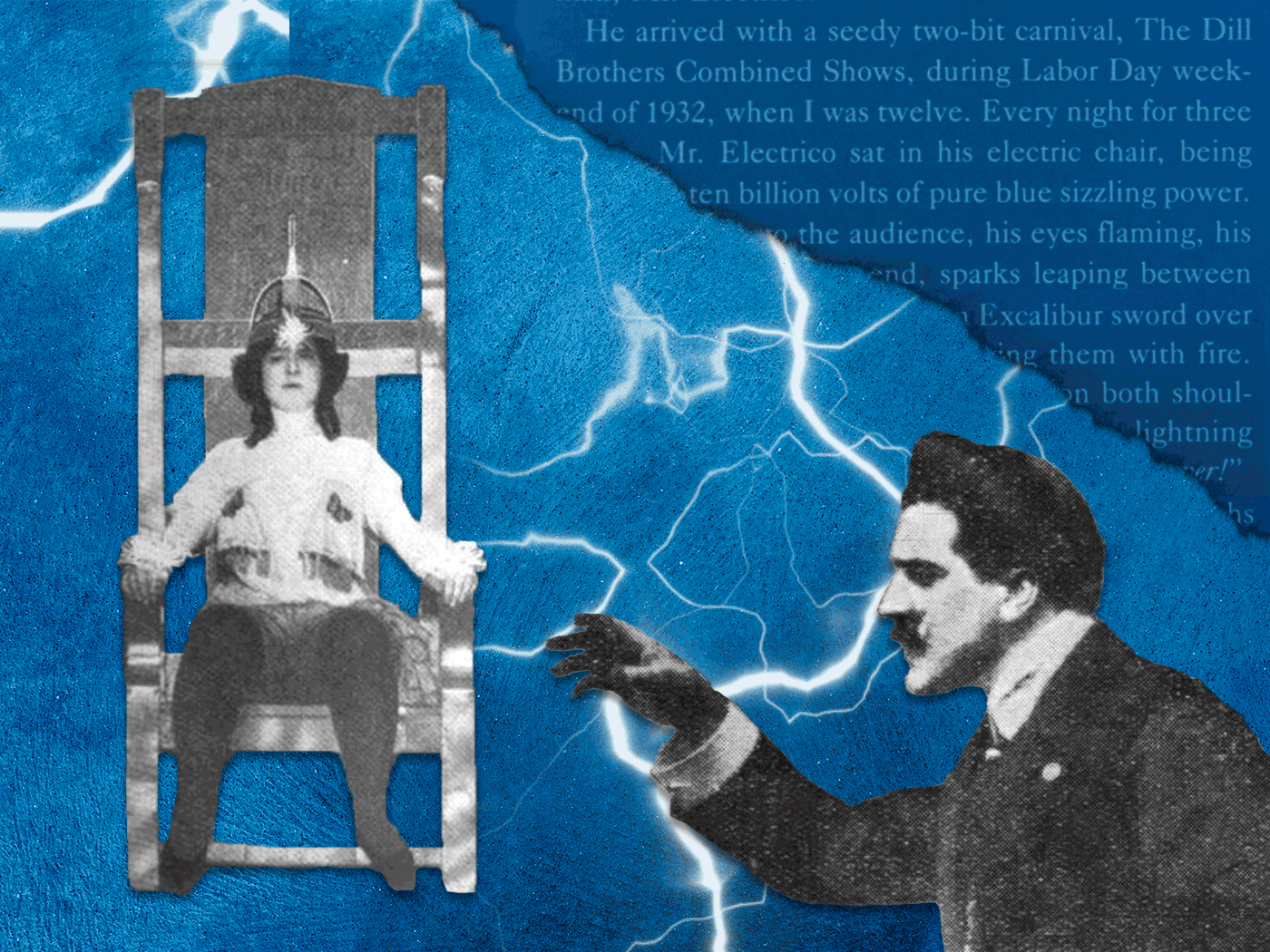 Gif illustration of Scottish magician Walford Bodie pointing at a sideshow performer in an electric chair