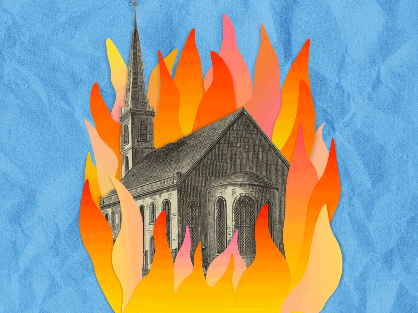 A GIF illustration of Trinity Church in flames