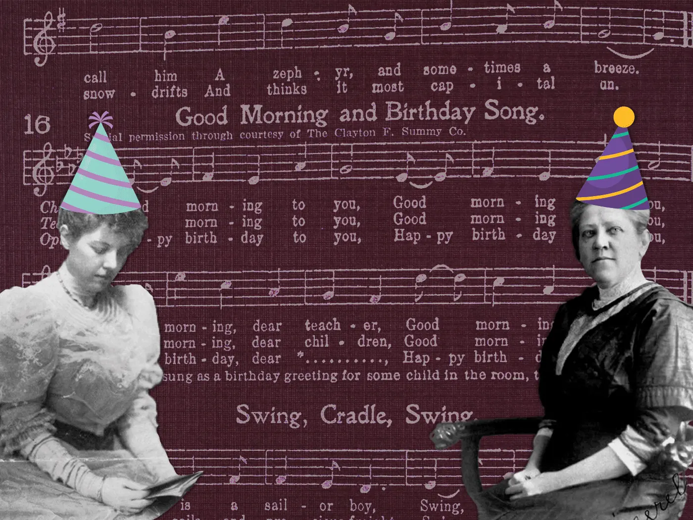 GIF illustration of Mildred and Patty Hill, wearing birthday hats in front of a copy of their composition