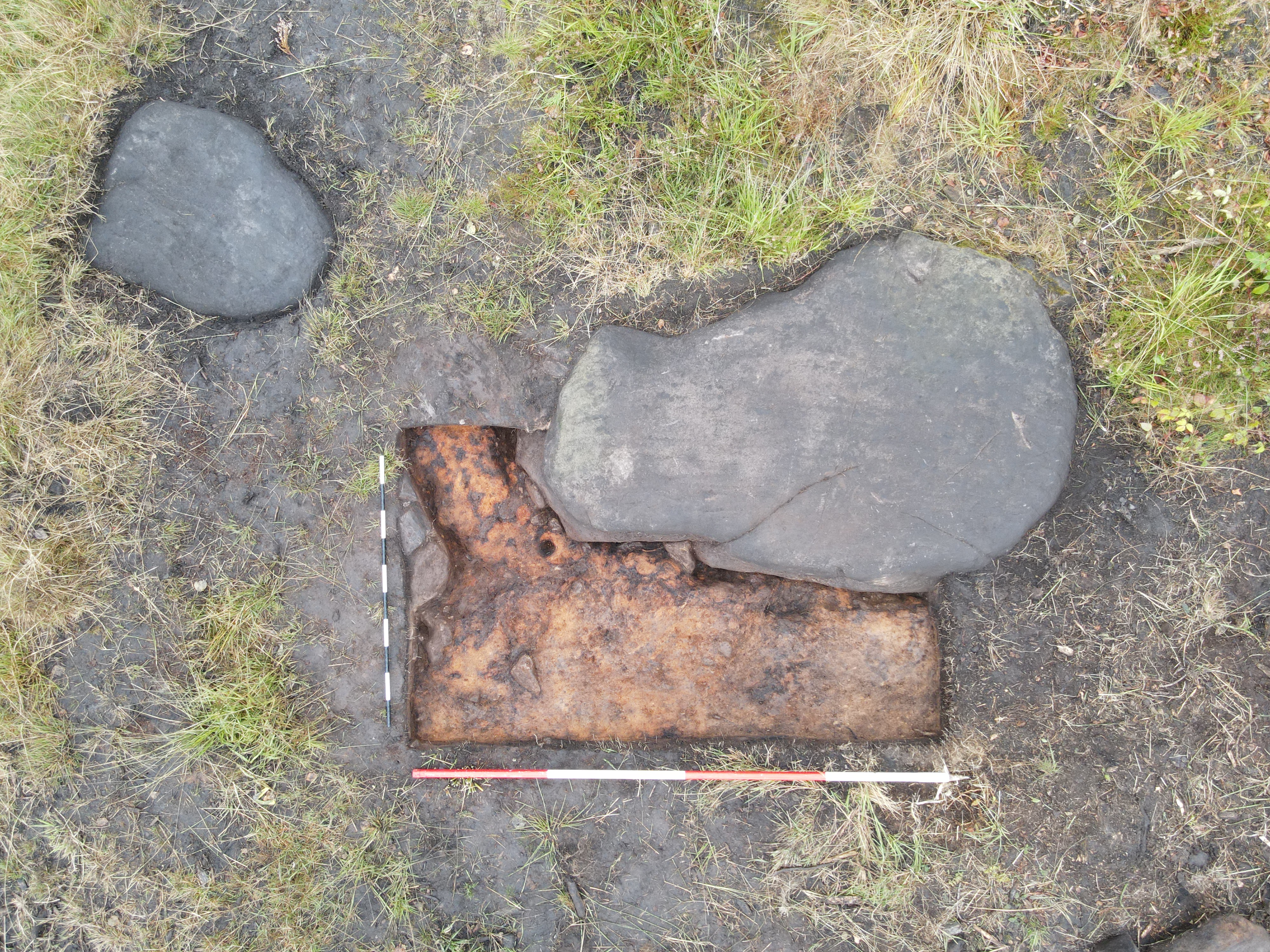Overhead view of two stones near some grass