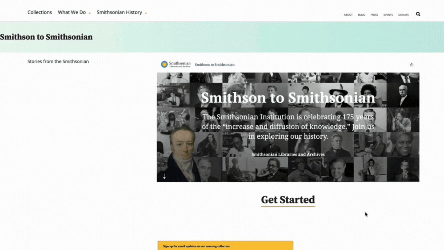 Screencapture of scroll through Smithson to Smithsonian website.