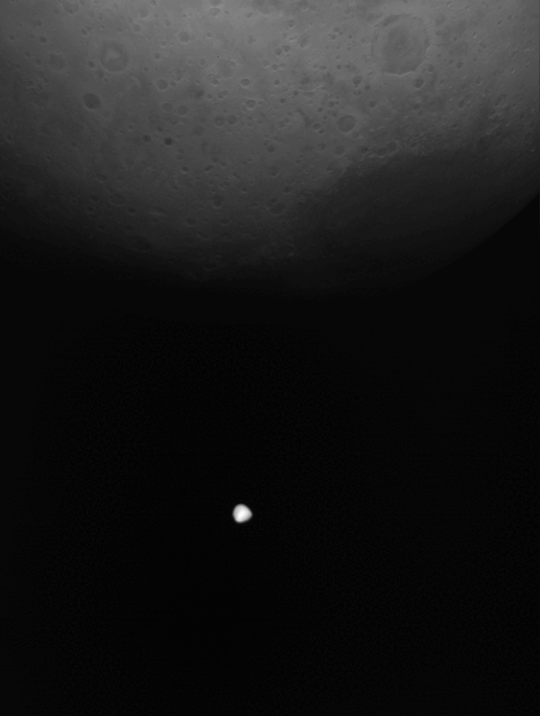 black and white gif, Deimos appears to cross Mars