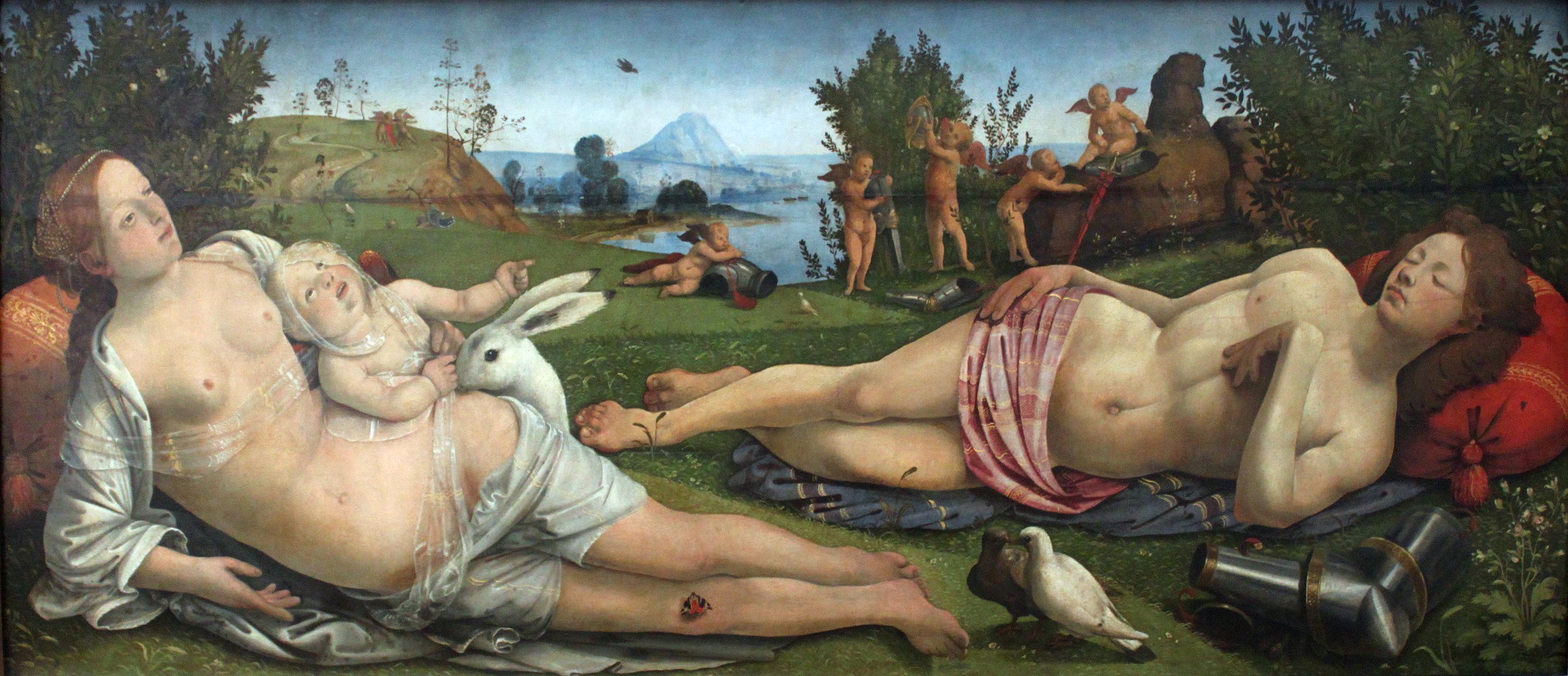 This painting of Venus, Mars and Cupid by Italian artist Piero di Cosimo features a white hare.