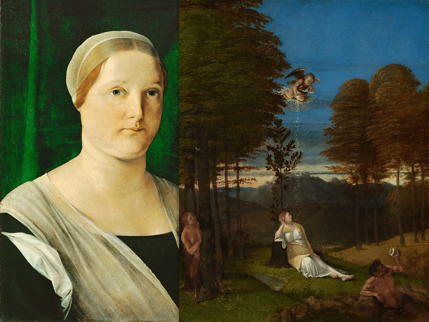 Reconstruction illustrating sliding cover as it opens, featuring Lorenzo Lotto's Portrait of Giovanna de' Rossi (left) and Portrait Cover With an Allegory of Chastity (right), both circa 1505