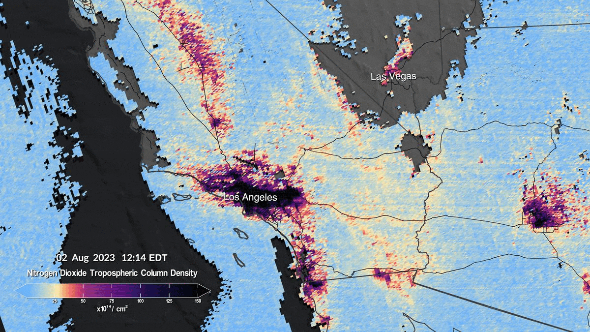 a gif showing two satellite images denoting pollution in the southwestern US reveals more dense nitrogen dioxide pollution around noon ET than in the late afternoon