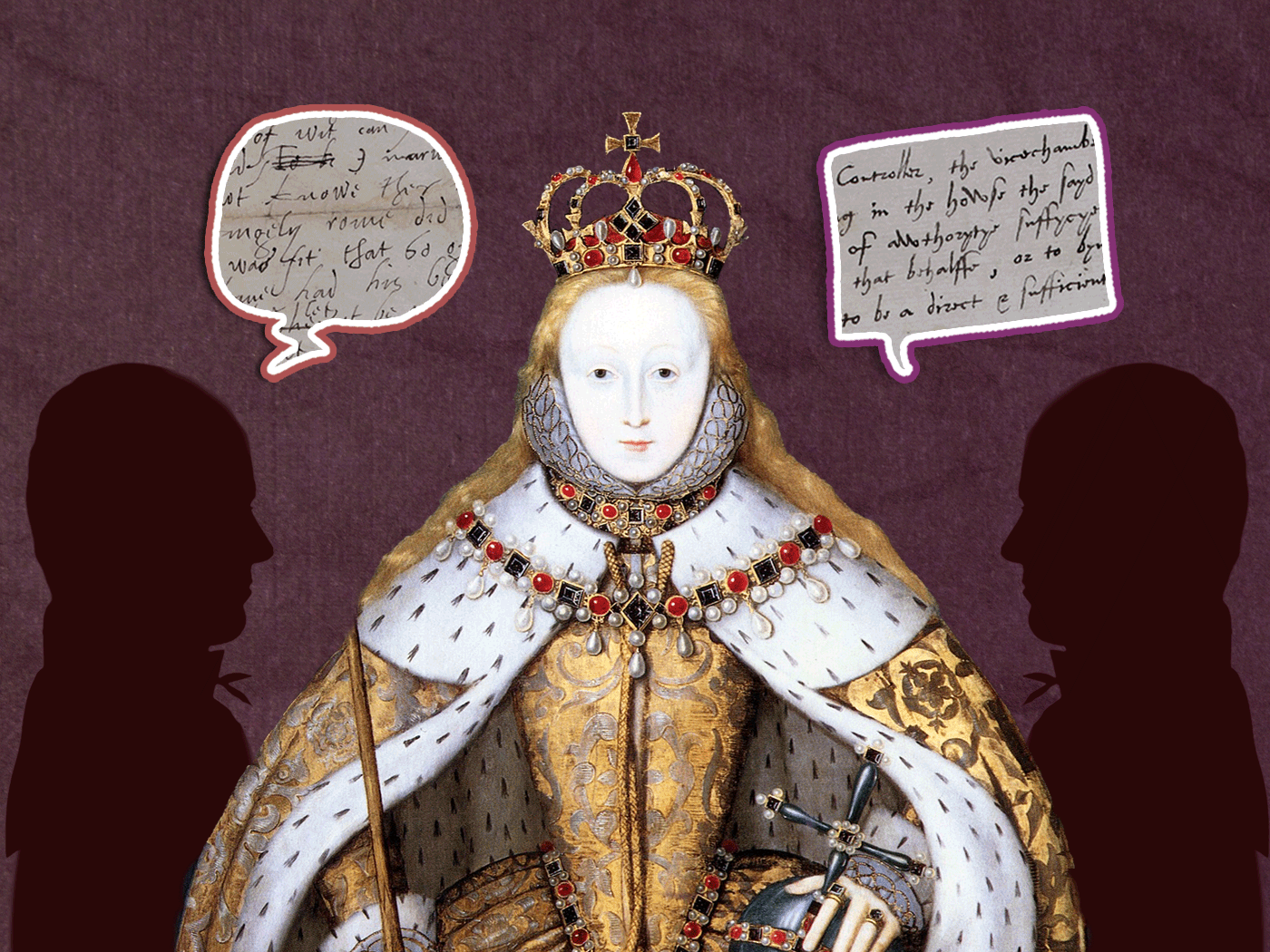 A GIF of Elizabeth I in her coronation robes, with two silhouettes flanked by speech bubbles