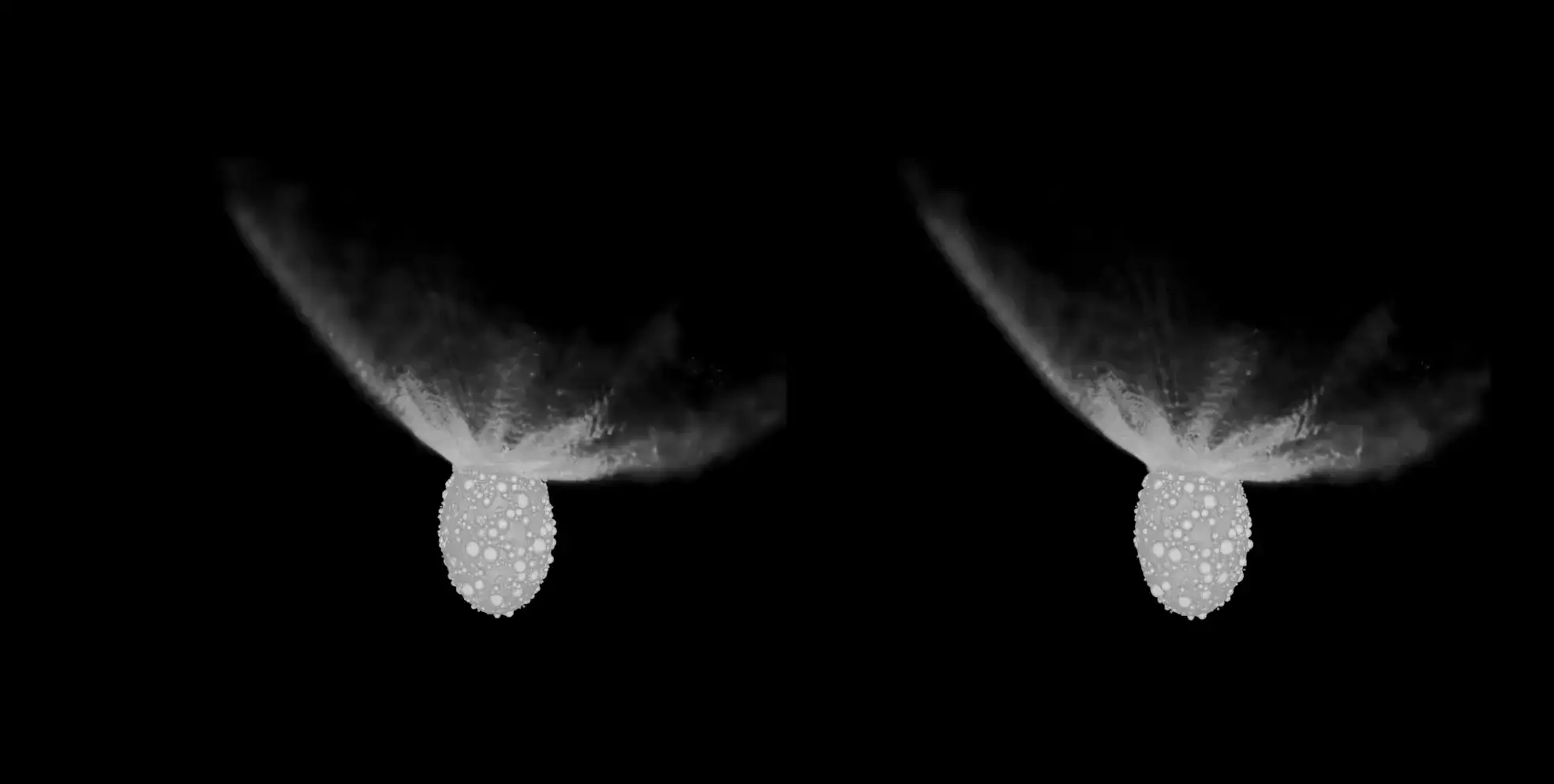 two 3D images of an asteroid post impact with ejected material flying from the top spin 360 degrees